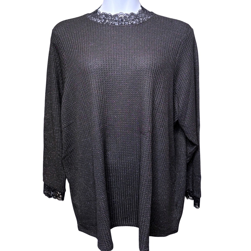 LOGO LORI GOLDSTEIN Womens Black Waffle Knit Lace Trim Top 3X Shimmer Whimsigoth